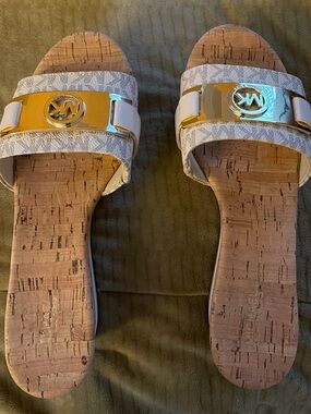 Michael Kors White and Gold Logo Cork Slide Sandals